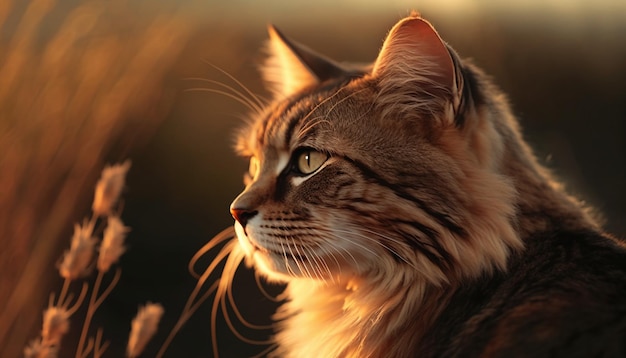 Un gatto con i capelli lunghi e una lunga coda guarda verso il tramonto.