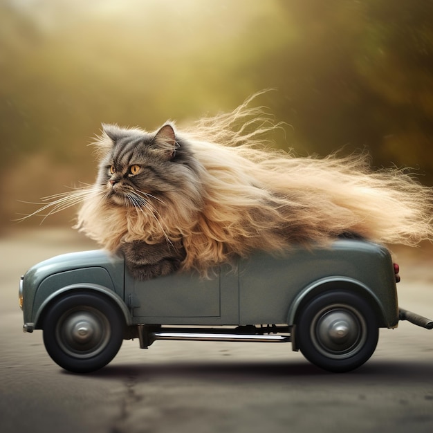 Un gatto con i capelli lunghi sta viaggiando su una macchinina