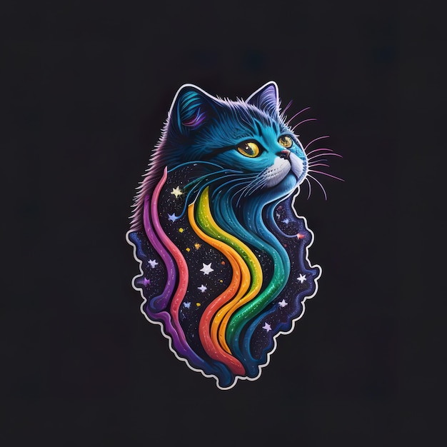 Un gatto con i colori dell'arcobaleno su di esso è su uno sfondo nero.