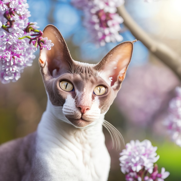 Un gatto con il naso rosa è seduto su un albero con fiori viola.