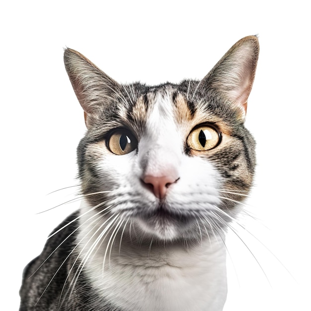 Un gatto con il petto bianco e gli occhi gialli sta guardando la telecamera.