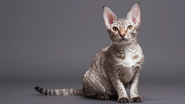 un gatto con la coda a righe si siede su uno sfondo grigio