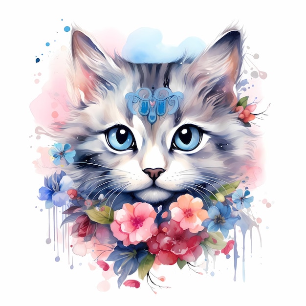 un gatto con la testa blu e dei fiori sopra