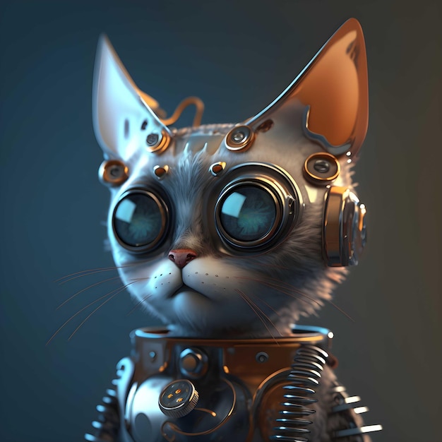 Un gatto con la testa di un robot e un casco con sopra la scritta "robot".