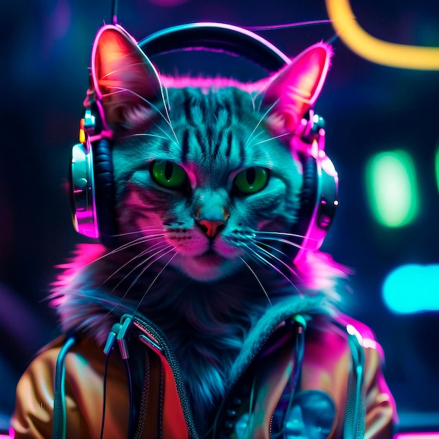 Un gatto con le cuffie e una giacca Cyberpunk e lo stile modernista post-sovietico a tema close-up