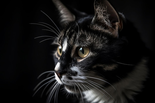 Un gatto con lunghi baffi è seduto al buio.