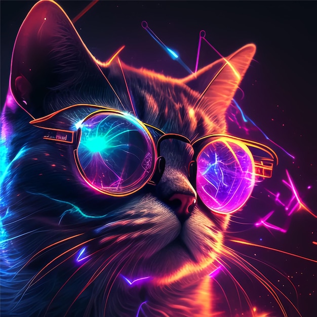 Un gatto con occhiali al neon sopra e la scritta "gatto" sul fondo.