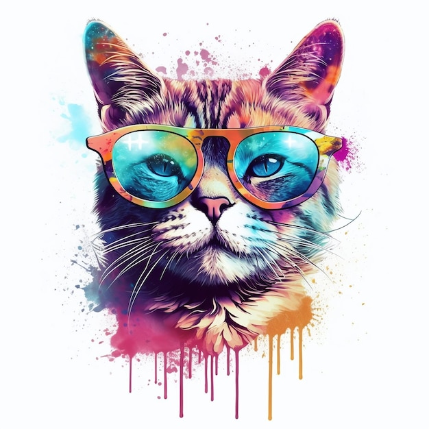 Un gatto con occhiali colorati e uno sfondo color arcobaleno.