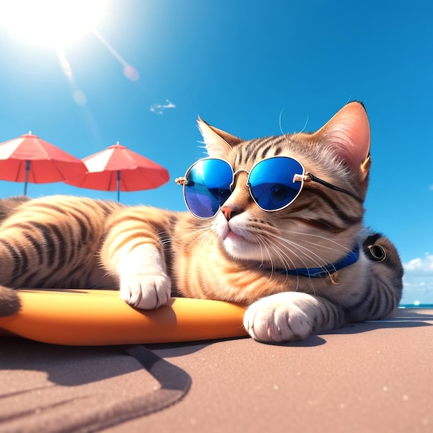 Un gatto con occhiali da sole alla moda è sdraiato sul tetto che viaggia sulla spiaggia