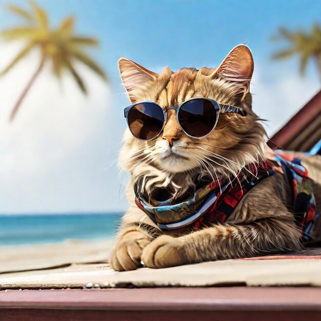 Un gatto con occhiali da sole alla moda è sdraiato sul tetto che viaggia sulla spiaggia