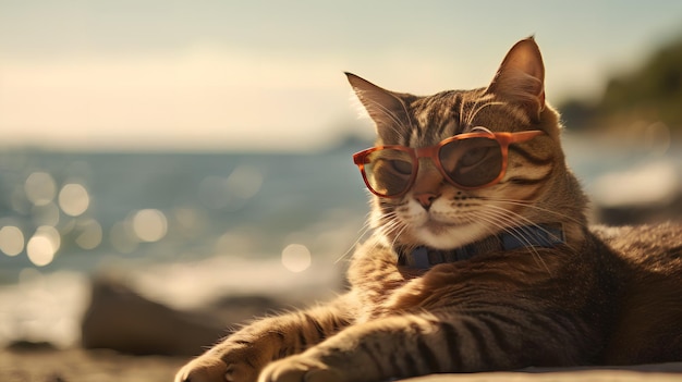 Un gatto con occhiali da sole e collare siede su una spiaggia.