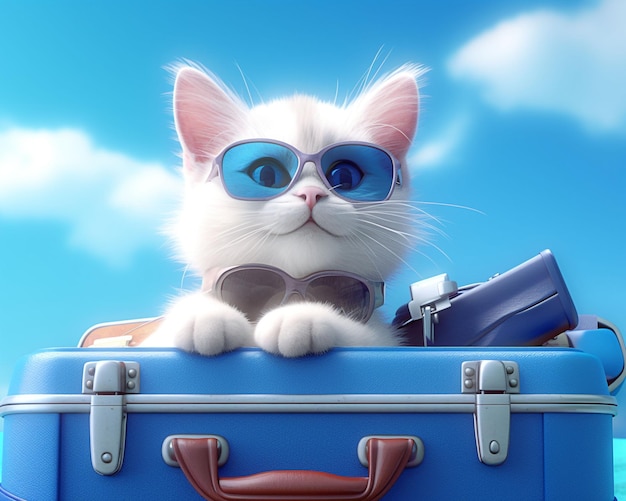 Un gatto con papillon e occhiali da sole è seduto in una valigia blu.