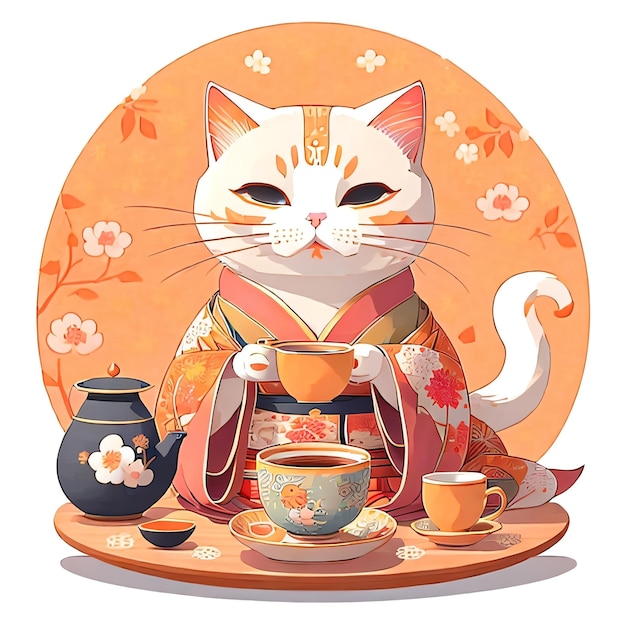 Un gatto con sopra un kimono è seduto su un piatto con tè e teiere.