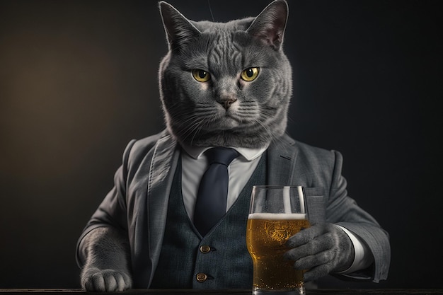 Un gatto con un bicchiere di birra è seduto in un bar