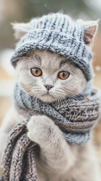 un gatto con un cappello blu e un maglione
