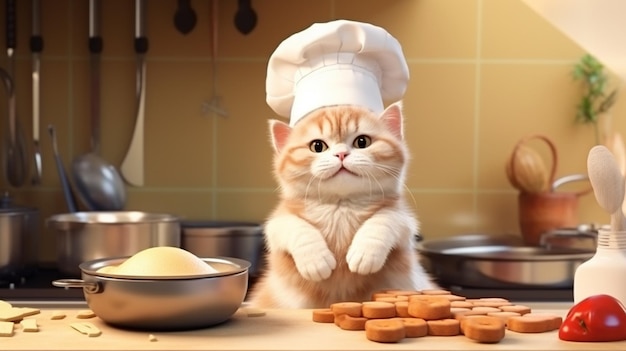 Un gatto con un cappello da chef con un ingrediente per il pane