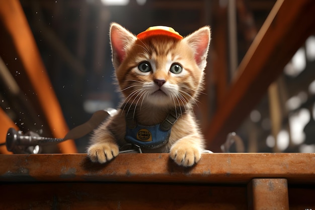 Un gatto con un cappello da costruzione guarda sopra un tavolo.
