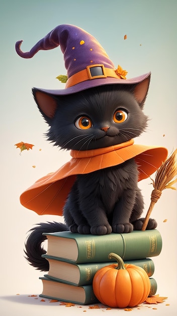 un gatto con un cappello da strega e una sciarpa seduto su un libro