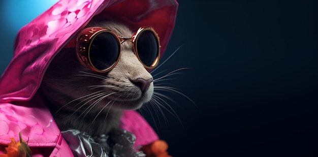 Un gatto con un cappello e degli occhiali Celebrazione dell'eroe dei cartoni animati Celebrazione della creatività Invito alla celebrazione Copia spazio Banner