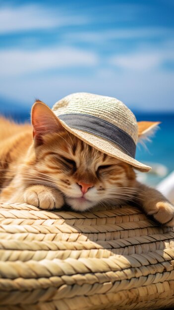 Un gatto con un cappello sta sdraiato sul tetto che viaggia sulla spiaggia