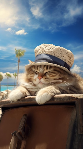 Un gatto con un cappello sta sdraiato sul tetto che viaggia sulla spiaggia