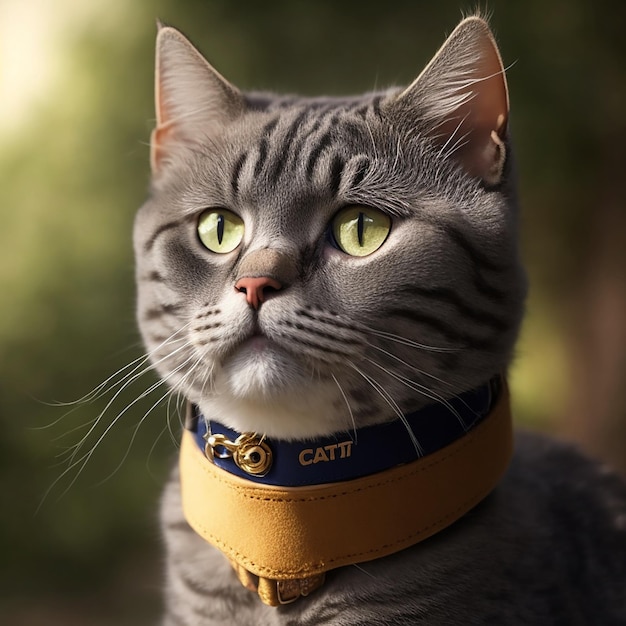un gatto con un collare che dice gatto