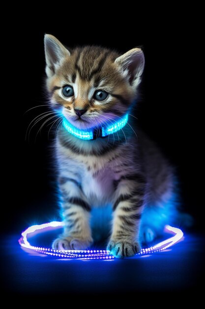 Un gatto con un collare che dice "luminoso".