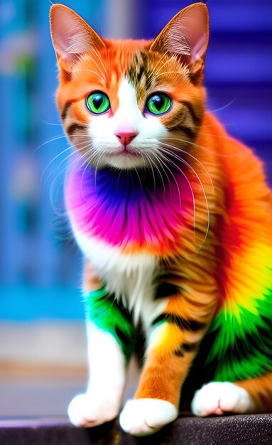 Un gatto con un collare color arcobaleno che dice "gatto"