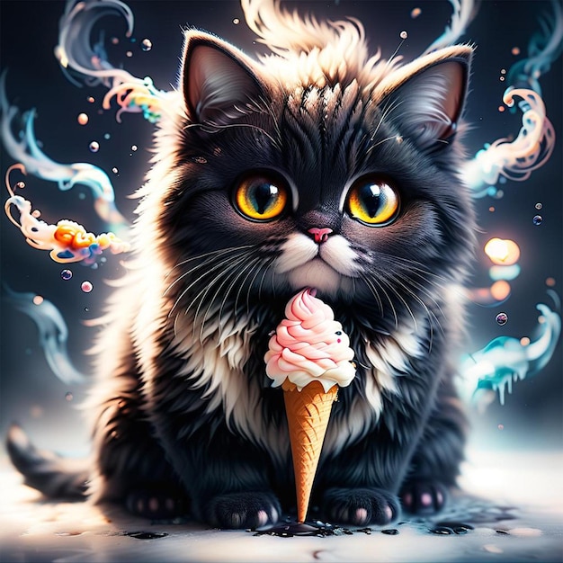 Un gatto con un cono di gelato e uno sfondo di fumo