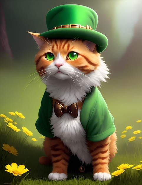 Un gatto con un costume da folletto verde e un cappello verde