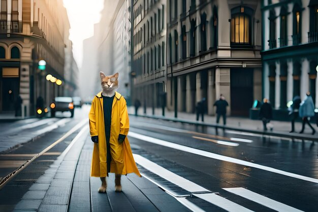 un gatto con un impermeabile giallo con un cappotto giallo per strada.