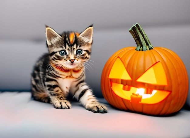 Un gatto con un jack o lantern seduto su un divano