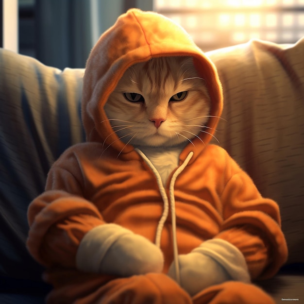 un gatto con un maglione arancione con sopra una felpa con cappuccio