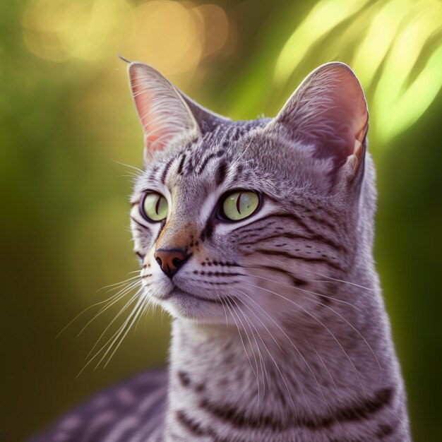 Un gatto con un occhio giallo sta guardando a sinistra.