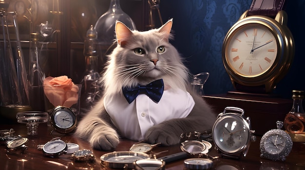 Un gatto con un piccolo papillon tra una collezione di orologi di lusso