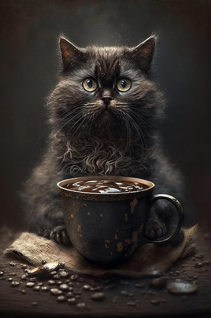 Un gatto con un poster di una tazza di caffè