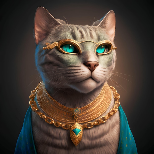 Un gatto con una collana blu e oro e una collana d'oro