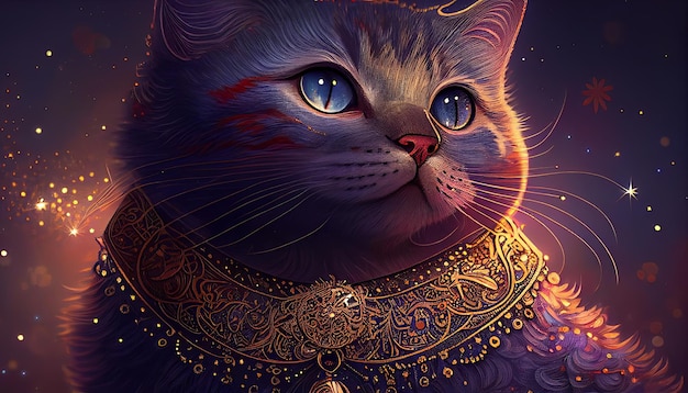 Un gatto con una collana d'oro e una collana d'oro