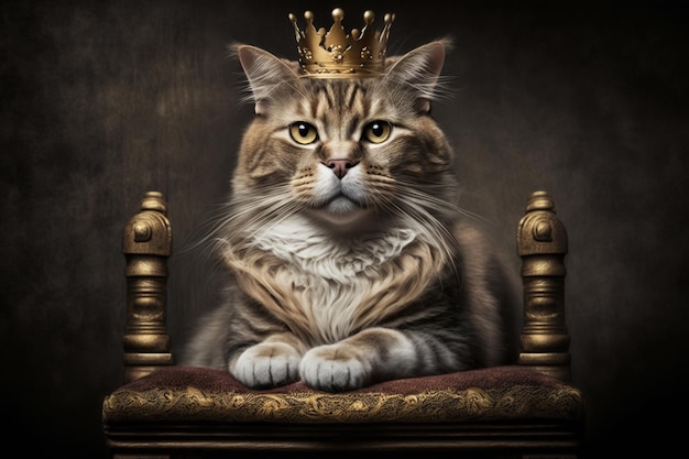 Un gatto con una corona d'oro in testa è seduto su una sedia.