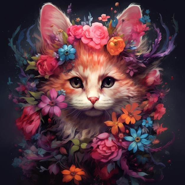 Un gatto con una corona di fiori in testa è circondato da fiori.