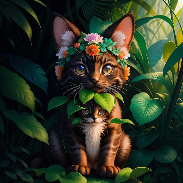 Un gatto con una corona di fiori in testa siede nel mezzo di una giungla.
