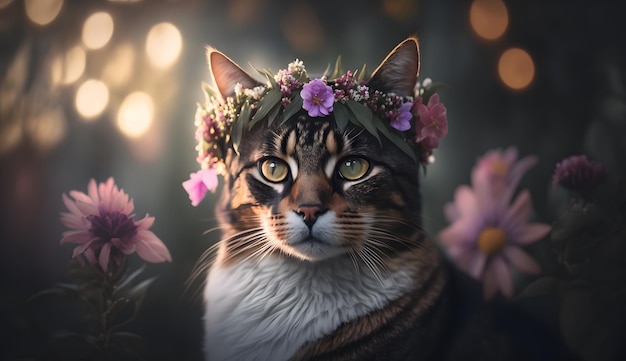 Un gatto con una corona di fiori in testa