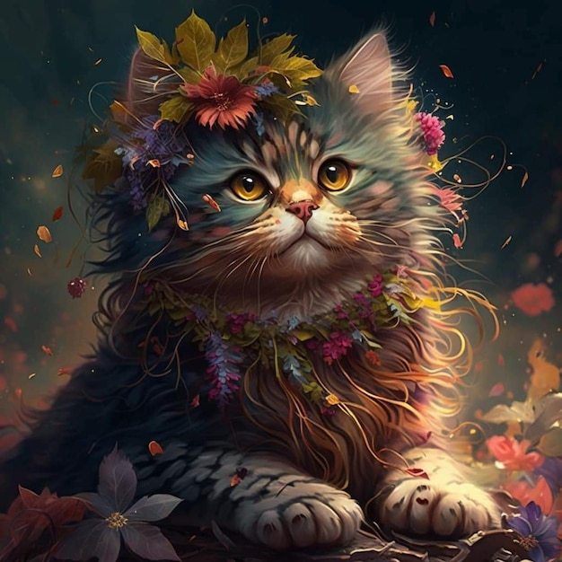 Un gatto con una corona di fiori in testa