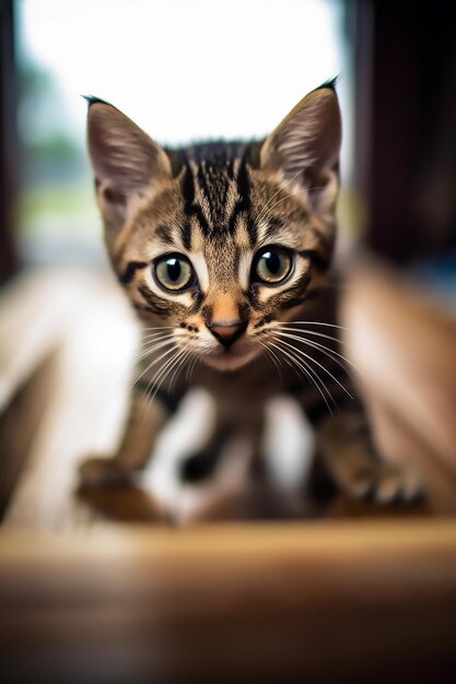 Un gatto con una faccia a strisce bianche e nere sta guardando la telecamera.