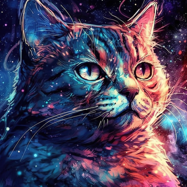 Un gatto con una faccia blu e rosa sta guardando lo spazio