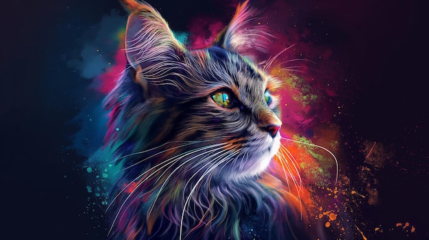 un gatto con una faccia colorata è caratterizzato in questa illustrazione da persona
