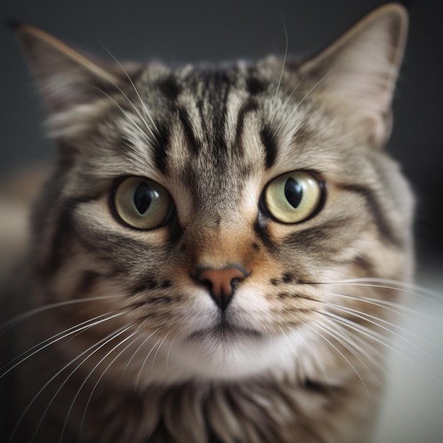 Un gatto con una faccia nera e marrone e occhi gialli.