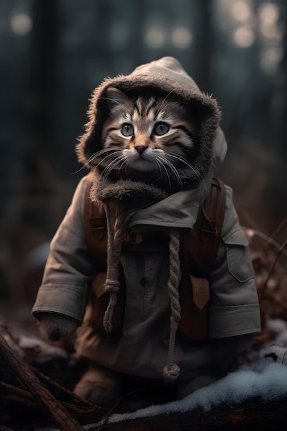 Un gatto con una giacca con cappuccio e cappuccio.