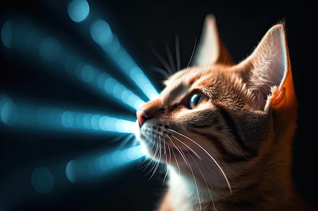 Un gatto con una luce blu dietro