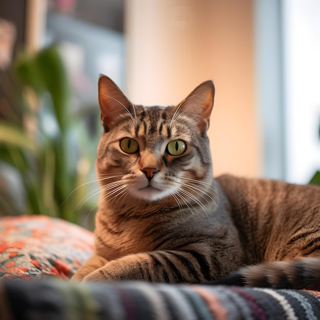 Un gatto con una maglietta a righe e gli occhi verdi è sdraiato su una coperta.